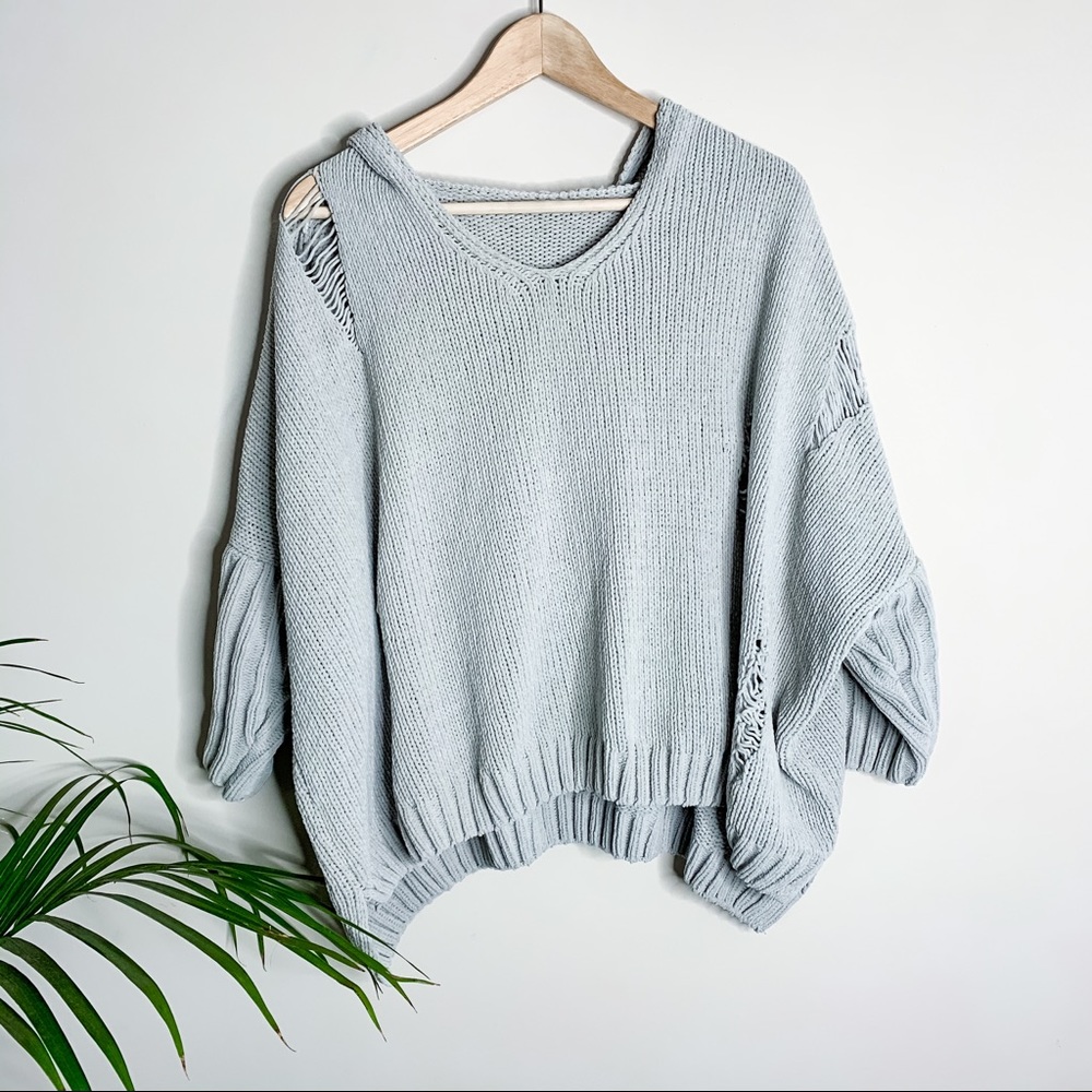OVERSIZED DISTRESSED KNIT HOODIE PULLOVER